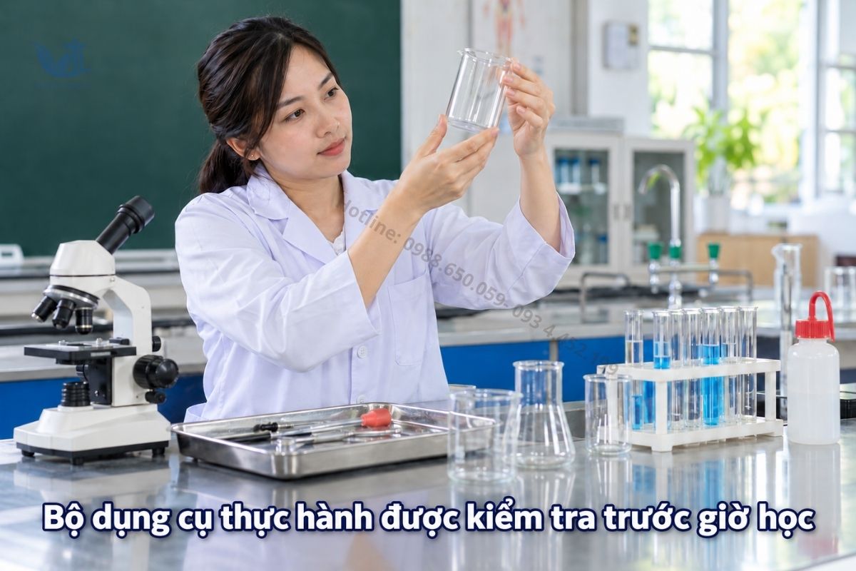 Giáo viên kiểm tra bộ dụng cụ thực hành trên bàn thí nghiệm