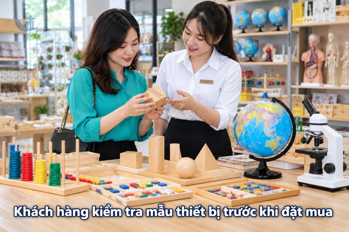 Khách hàng kiểm tra mẫu thiết bị giáo dục trước khi mua