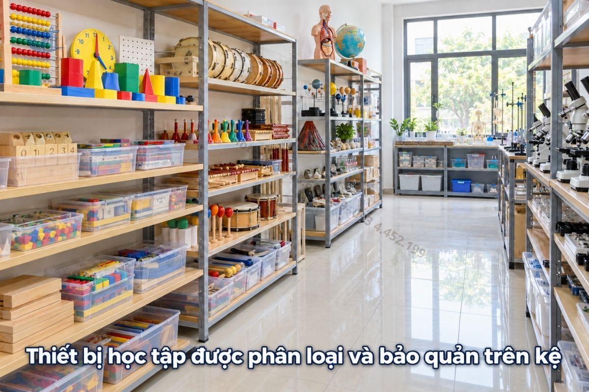 Nhân viên kiểm đếm thiết bị giáo dục theo danh sách đơn hàng