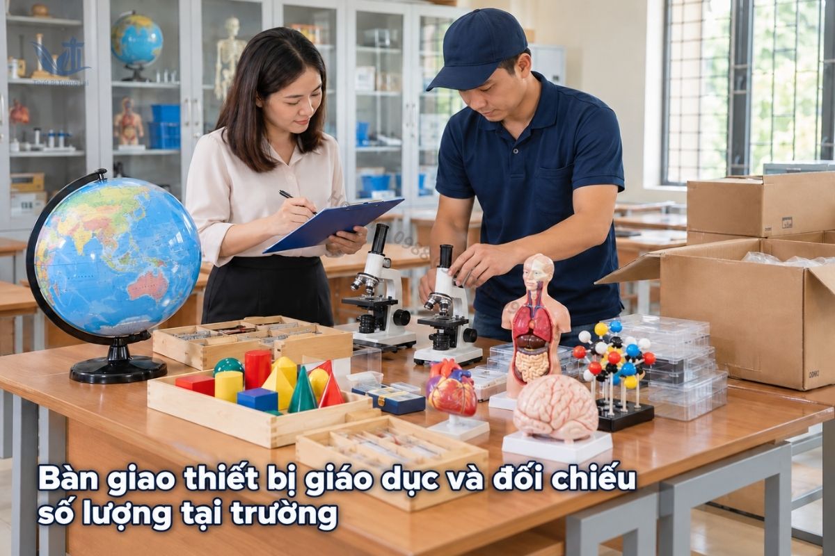 Thiết bị học tập được phân loại trong hộp và sắp xếp trên kệ