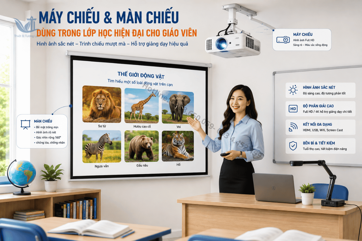 Máy chiếu và màn chiếu dùng trong lớp học hiện đại cho giáo viên