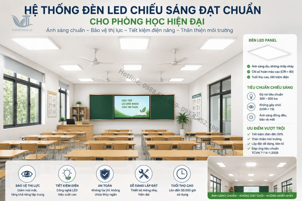 Hệ thống đèn LED chiếu sáng đạt chuẩn cho phòng học hiện đại