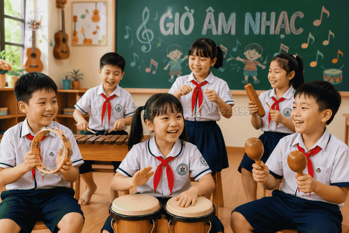 Học sinh tiểu học hào hứng sử dụng bộ nhạc cụ gõ trong lớp học âm nhạc