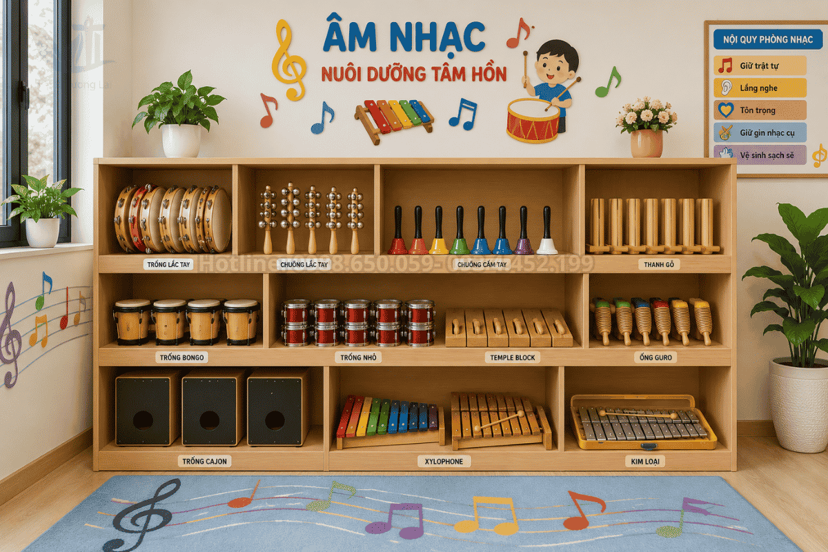 Hệ thống kệ tủ bảo quản bộ nhạc cụ gõ cho học sinh tiểu học đúng cách