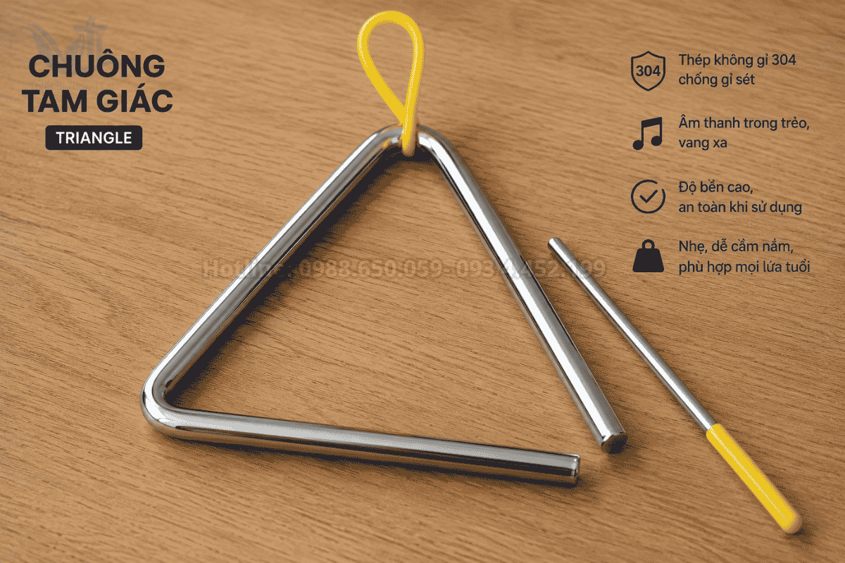 Chuông tam giác triangle kim loại trong bộ nhạc cụ gõ học đường