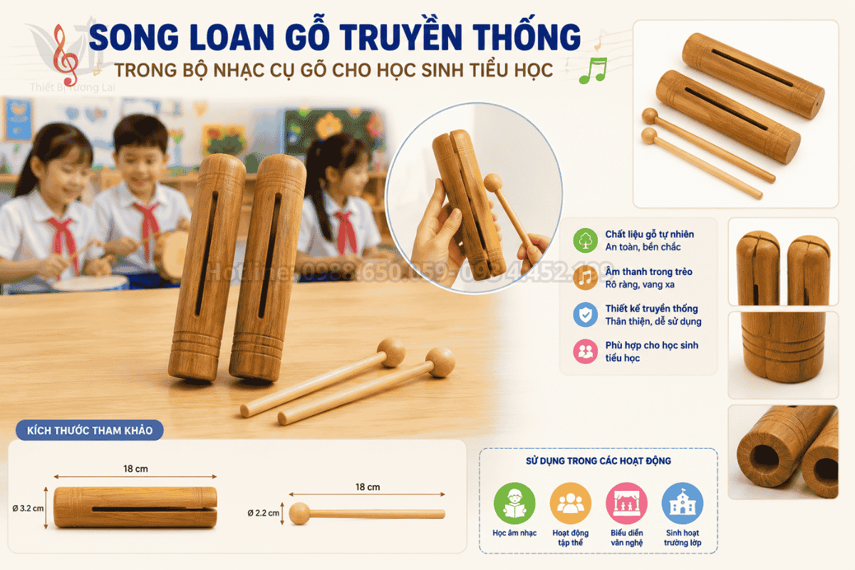 Song loan gỗ truyền thống trong bộ nhạc cụ gõ cho học sinh tiểu học