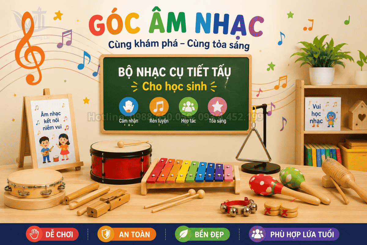 Góc âm nhạc trang bị bộ nhạc cụ tiết tấu cho học sinh