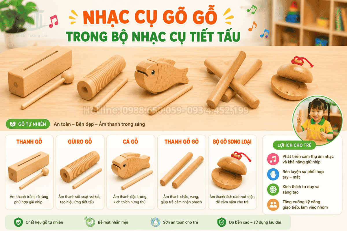 Các loại nhạc cụ gõ gỗ trong bộ nhạc cụ tiết tấu cho học sinh