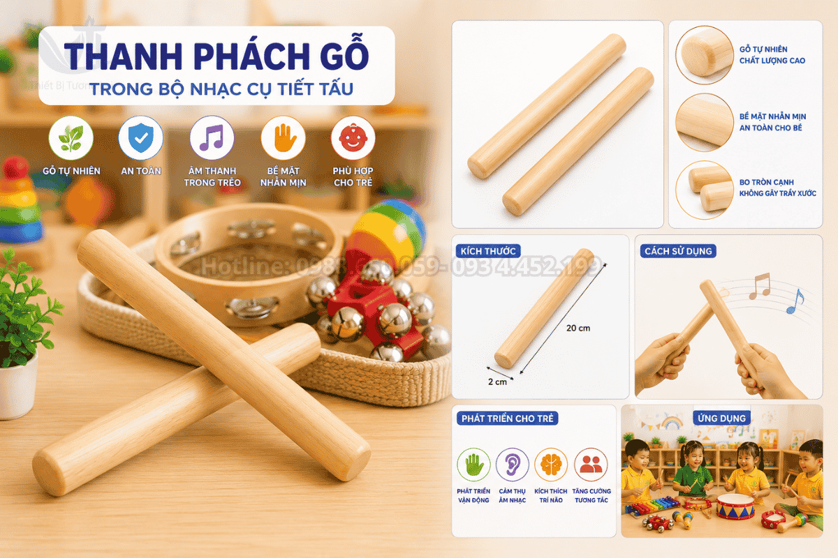 Thanh phách gỗ chất lượng cao trong bộ nhạc cụ tiết tấu cho học sinh