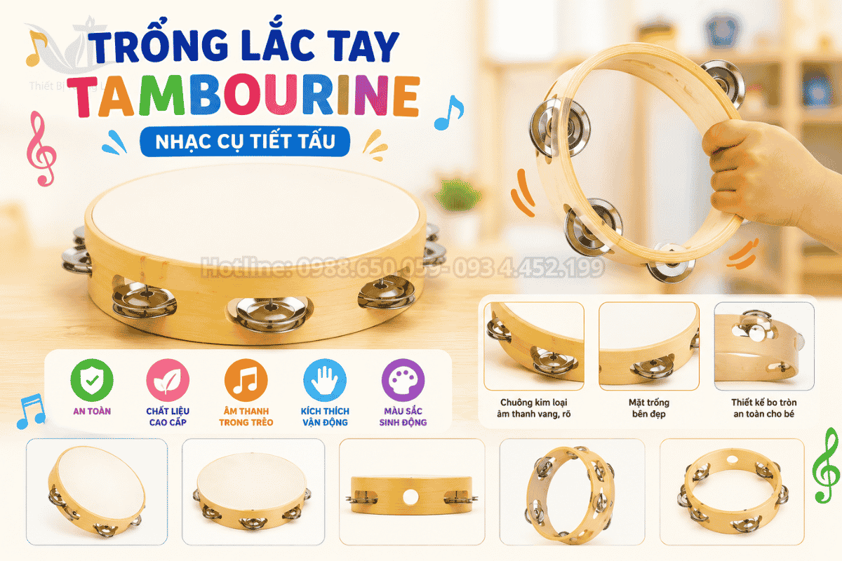 Trống lắc tay Tambourine dùng cho bộ nhạc cụ tiết tấu cho học sinh