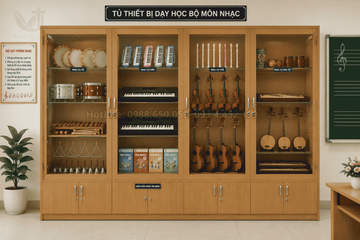Tủ gỗ kính chuyên dụng đựng thiết bị trường học bộ môn nhạc