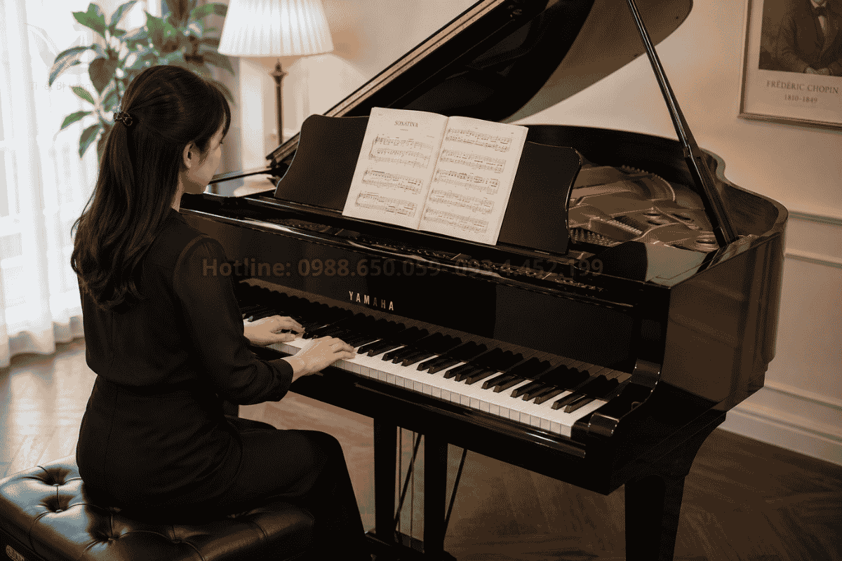 Đàn piano cơ cao cấp đặt tại vị trí trung tâm lớp học