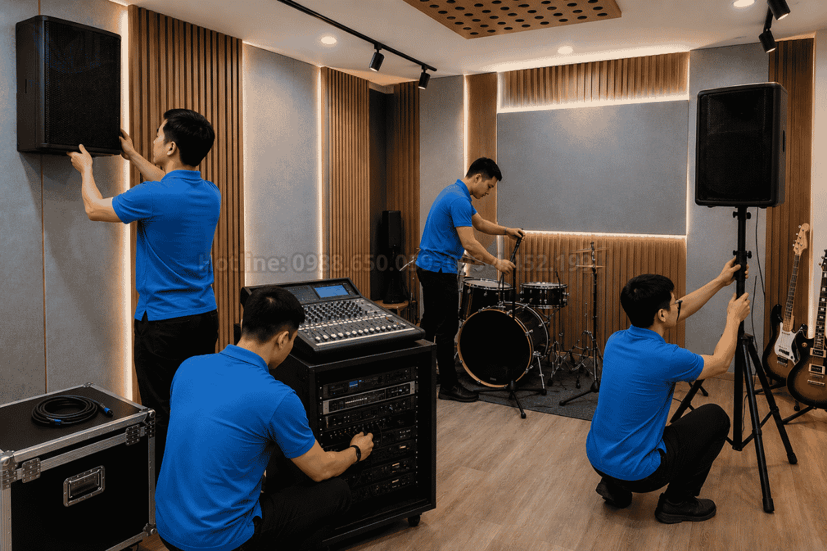 Đội ngũ kỹ thuật viên lắp đặt hệ thống âm thanh phòng nhạc