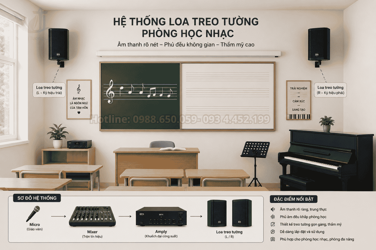 Hệ thống loa âm thanh thông báo bài giảng phân bổ đều góc phòng