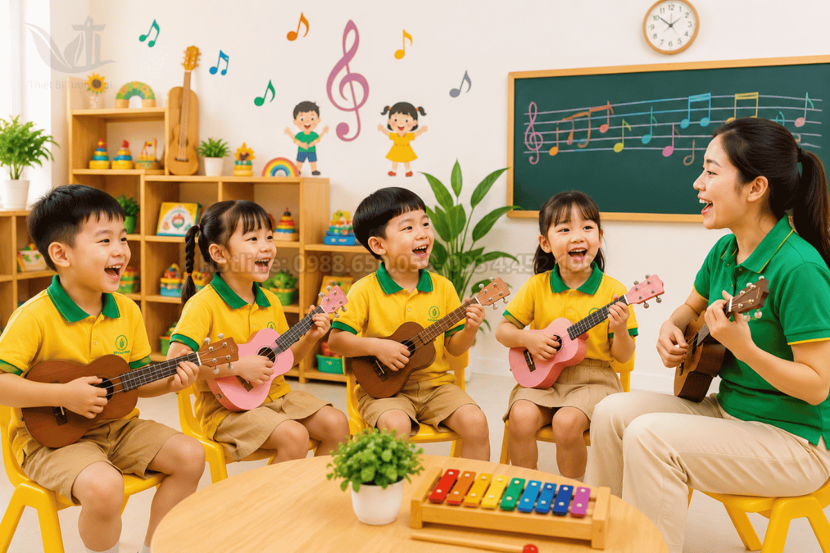 Học sinh hào hứng chơi đàn ukulele tại lớp học