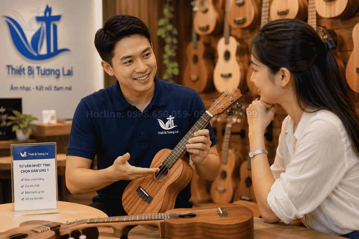 Nhân viên tư vấn chọn mua đàn ukulele cho học sinh