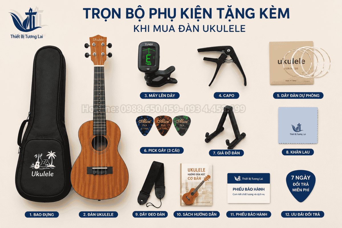 Trọn bộ phụ kiện đi kèm đàn ukulele cho học sinh