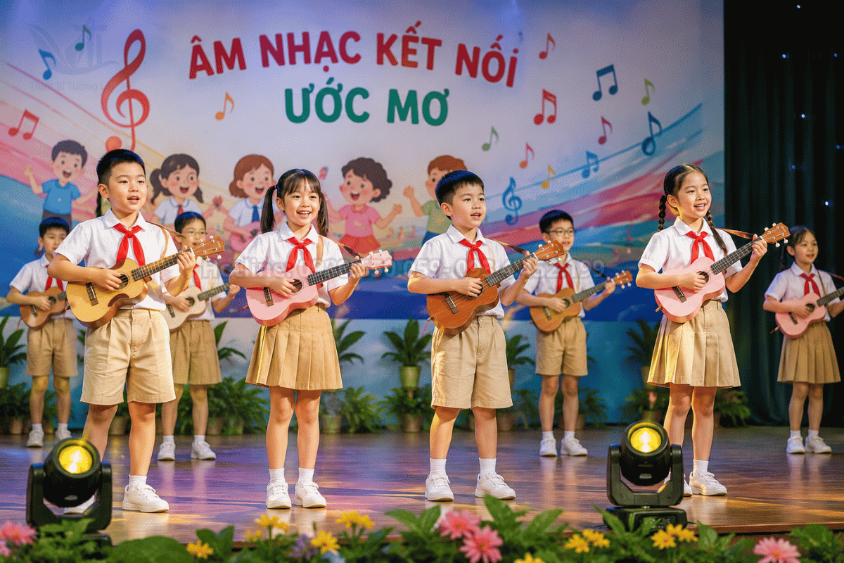 Học sinh tự tin biểu diễn đàn ukulele trong lễ bế giảng