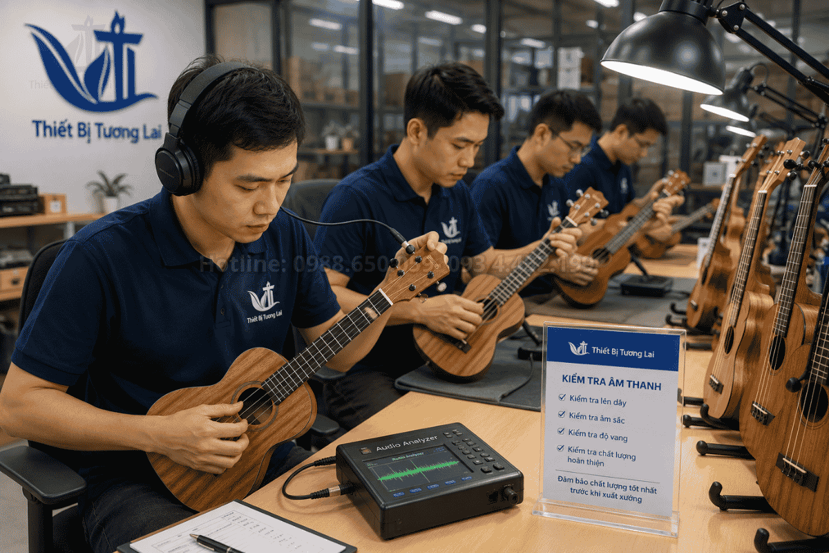 Kiểm tra âm thanh đàn ukulele cho học sinh trước khi giao