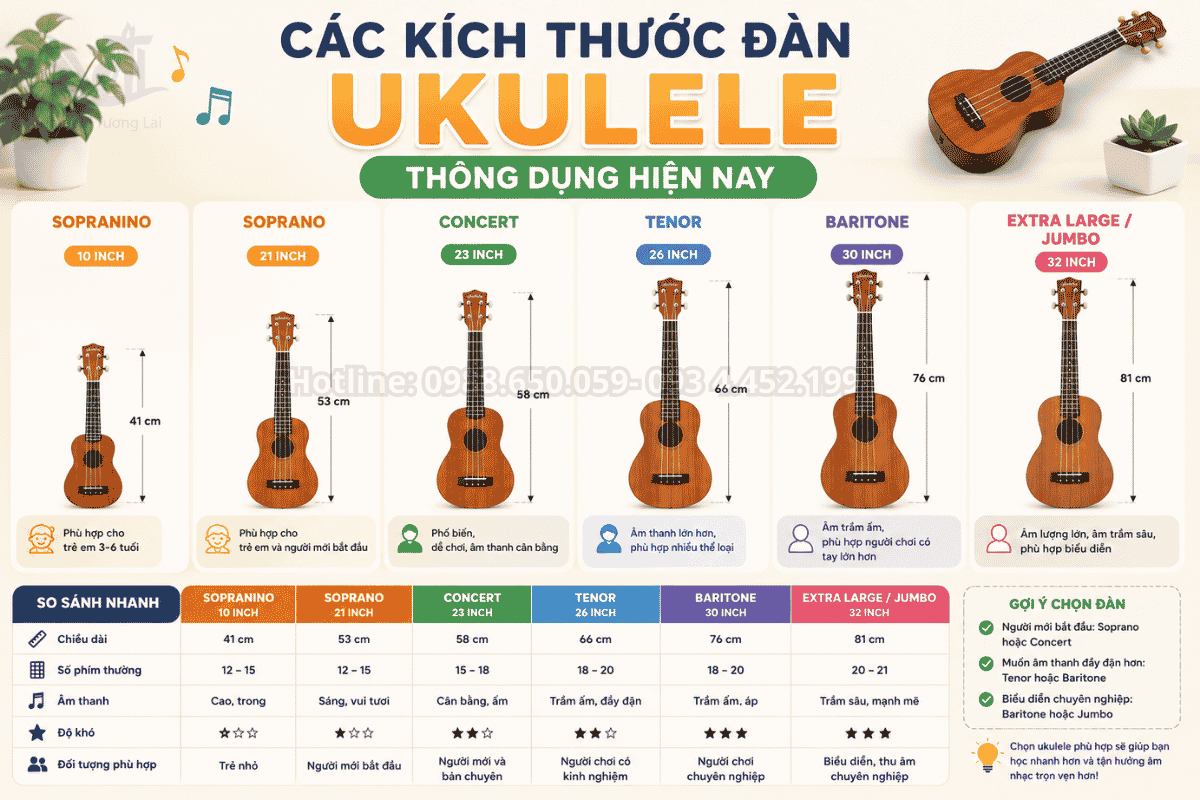 So sánh các kích thước đàn ukulele cho học sinh