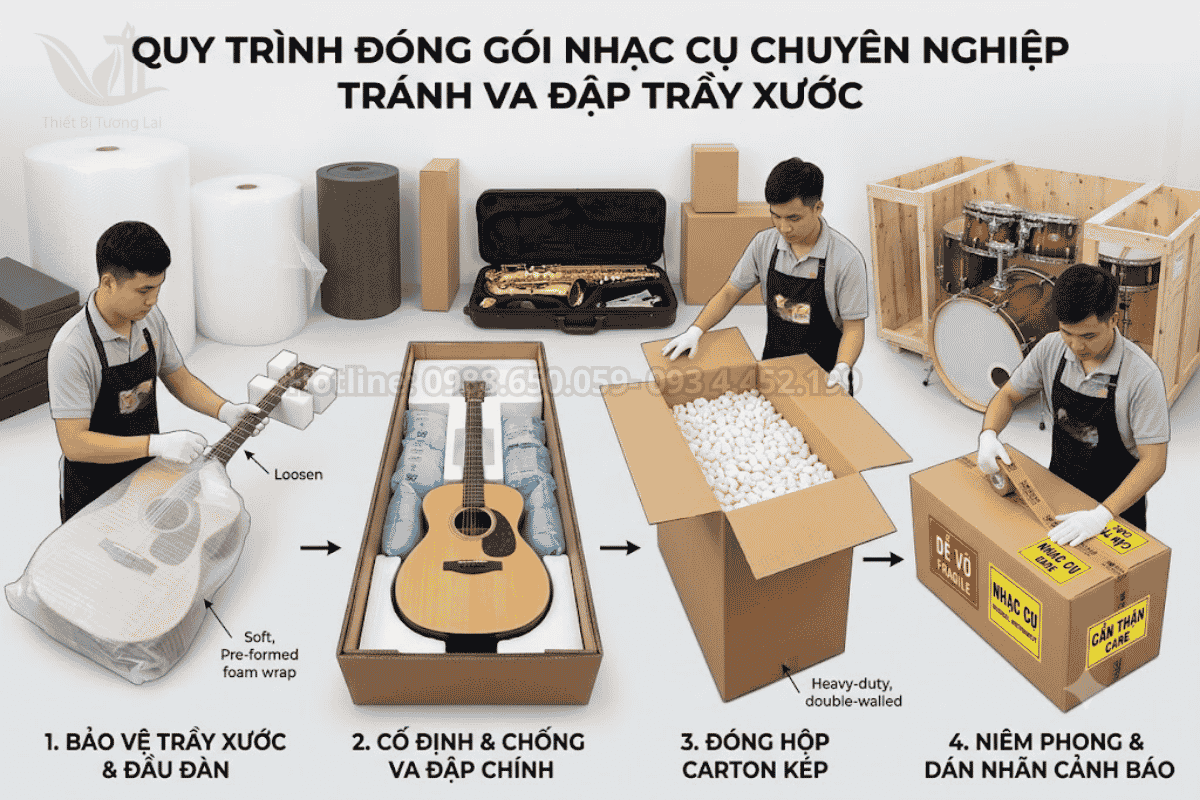 Quy trình đóng gói nhạc cụ chuyên nghiệp tránh va đập trầy xước