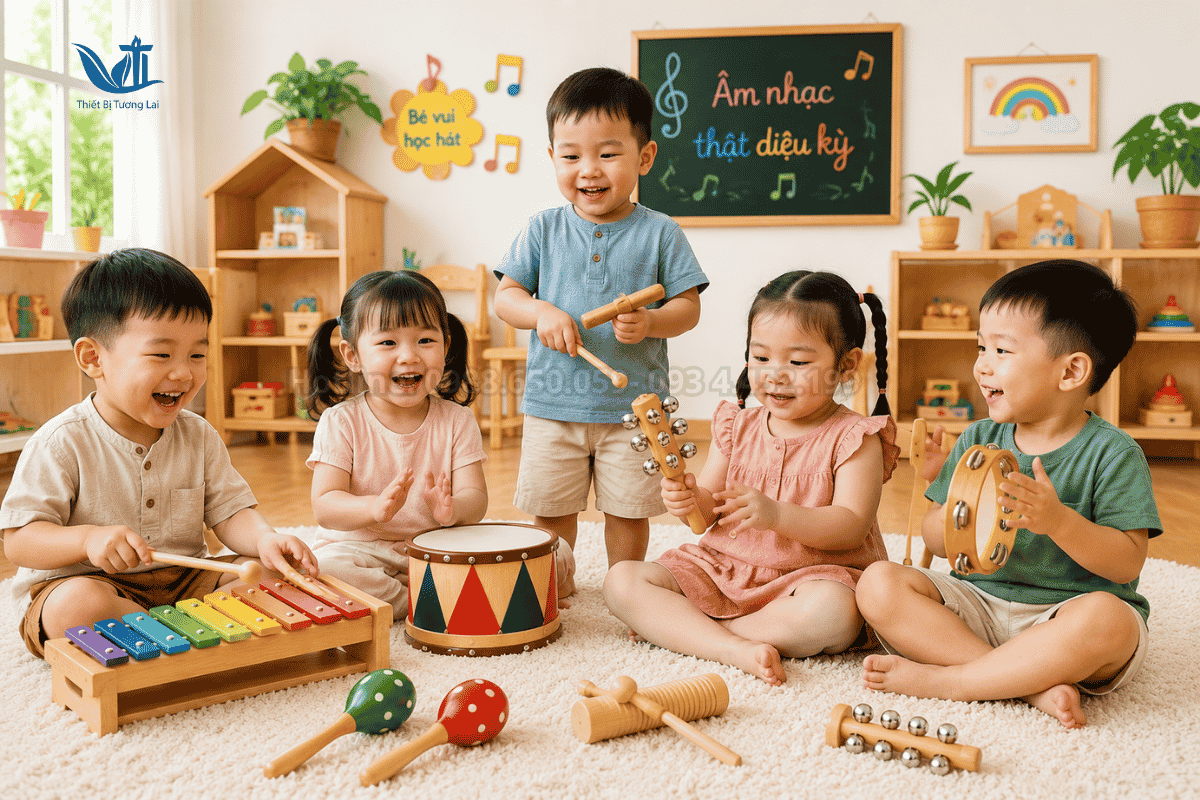 Trẻ em hào hứng vui chơi và phát triển kỹ năng cùng nhạc cụ mầm non bằng gỗ