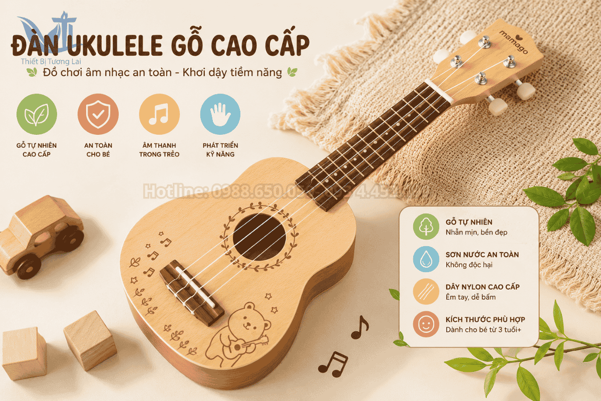 Ukulele đồ chơi bằng gỗ cao cấp với dây nylon bảo vệ tay bé