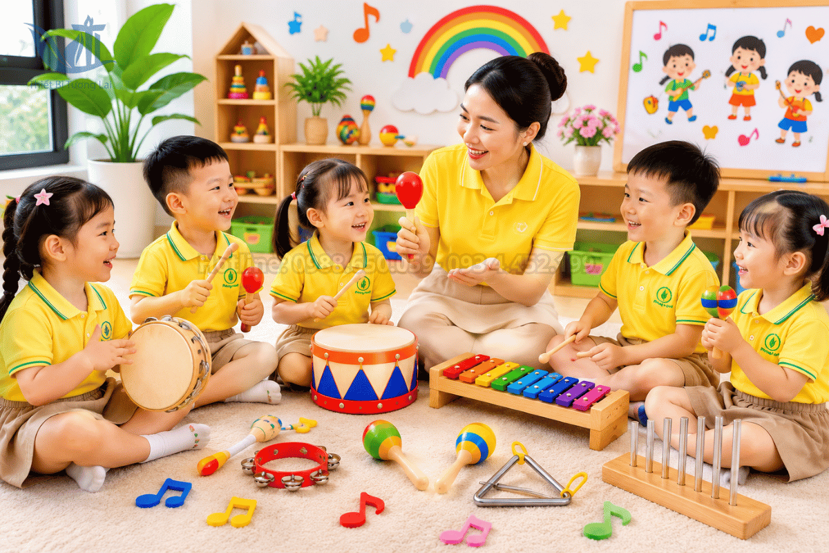 Giáo viên mầm non hướng dẫn trẻ chơi nhạc cụ sáng tạo và đúng cách