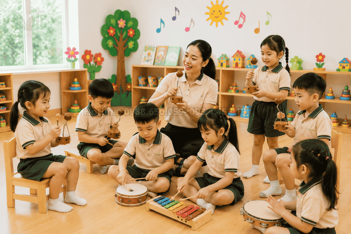 Các bé mầm non cùng nhau hòa tấu nhạc cụ giữ nhịp vui nhộn