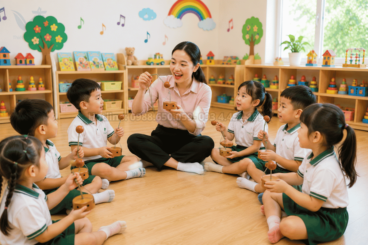 Giáo viên mầm non hướng dẫn học sinh sử dụng nhạc cụ giữ nhịp