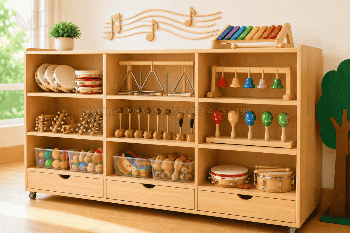Kệ lưu trữ bảo quản đồ chơi âm nhạc ngăn nắp trong lớp học