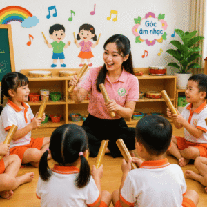 Cô giáo dạy học sinh cách cầm và gõ thanh phách mầm non đúng nhạc lý