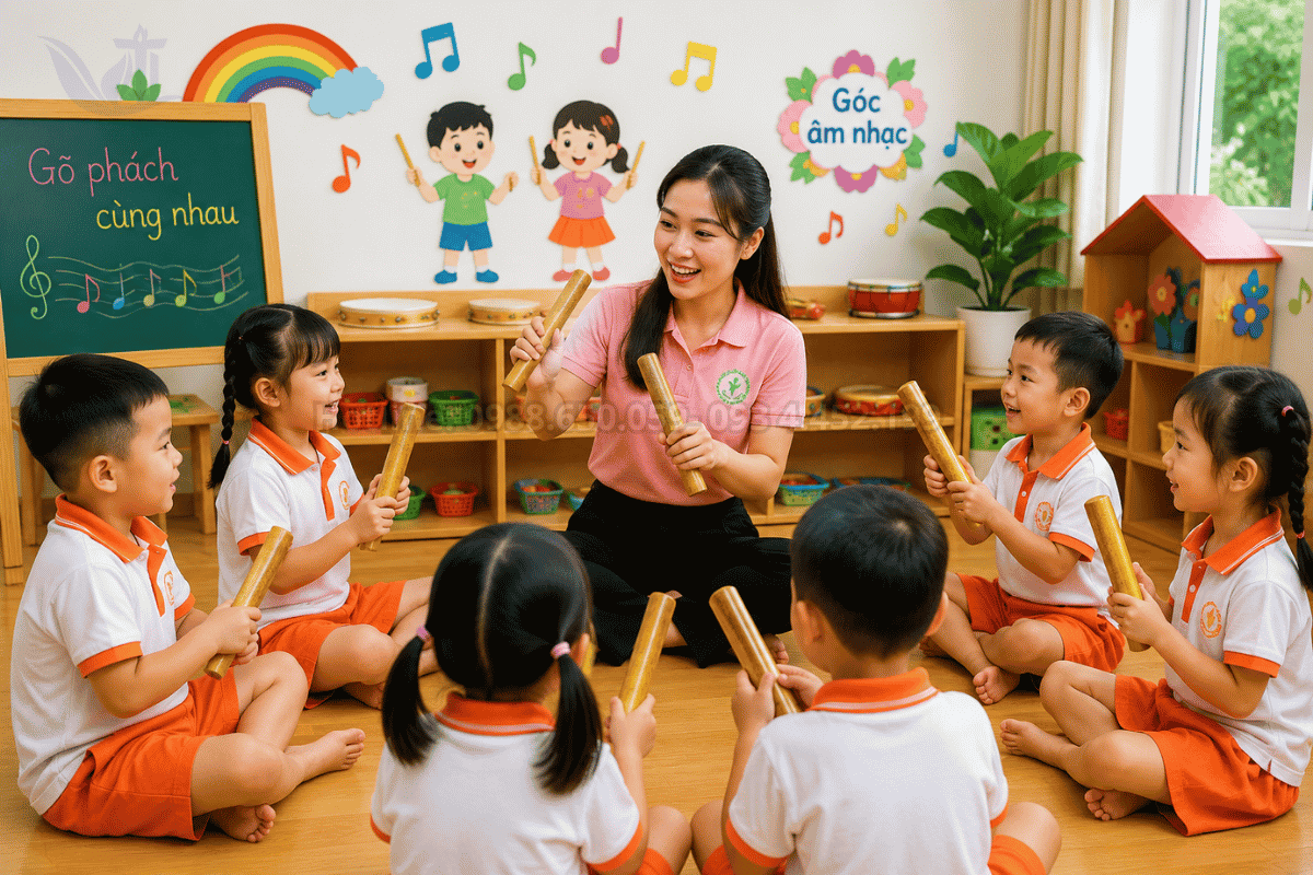 Cô giáo dạy học sinh cách cầm và gõ thanh phách mầm non đúng nhạc lý