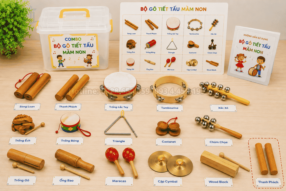 Các loại thiết bị âm nhạc bộ gõ kết hợp cùng thanh phách mầm non