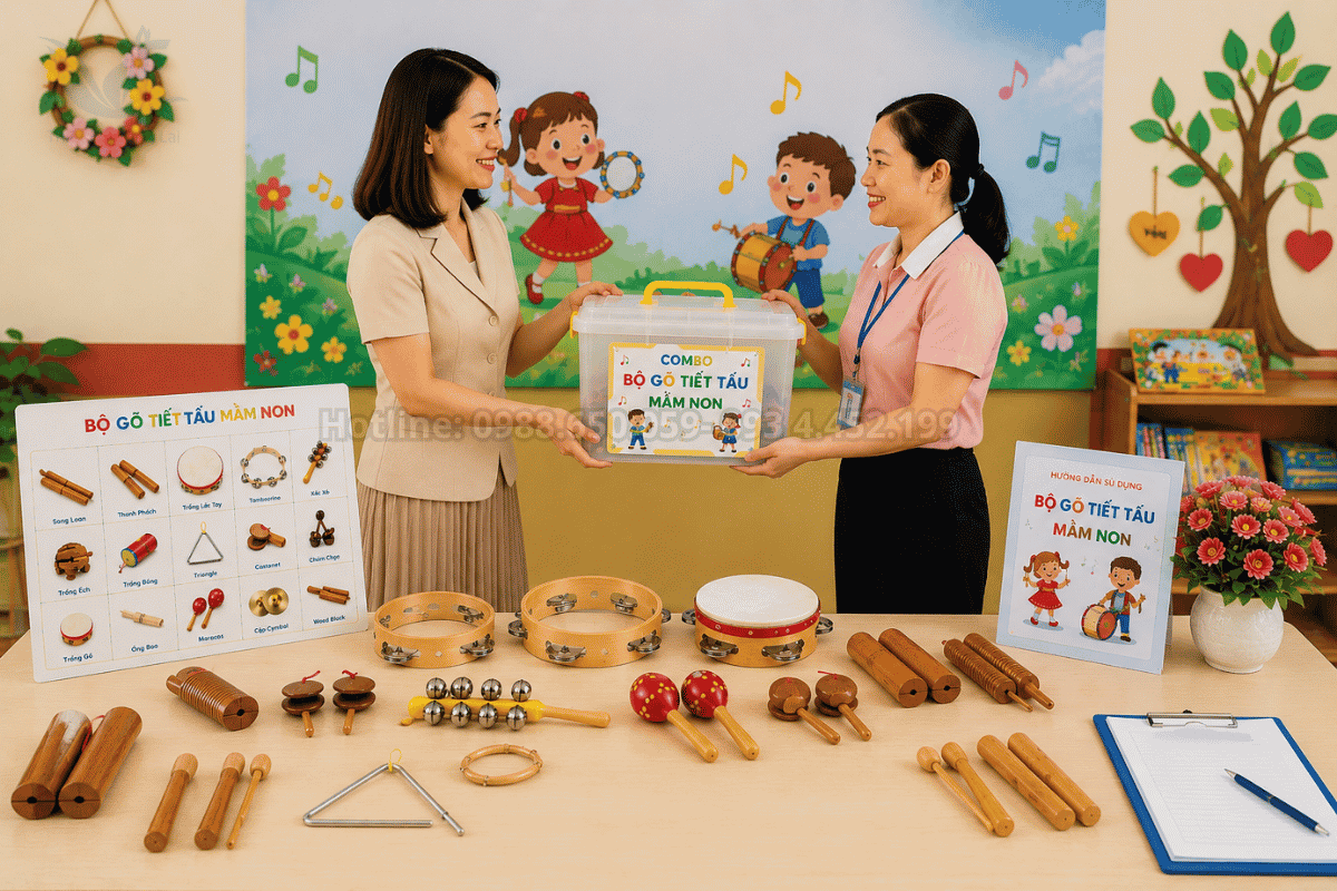 Đại diện nhà trường nghiệm thu sản phẩm thanh phách mầm non của Minh Khánh