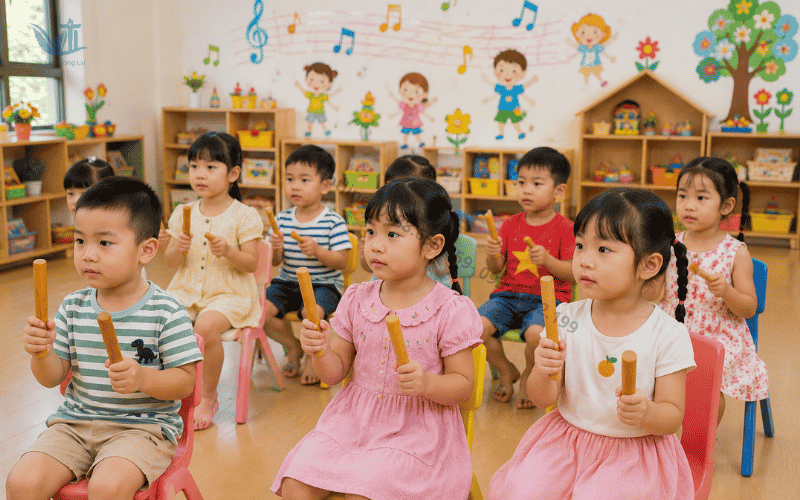 Học sinh mầm non chăm chú dùng thanh phách mầm non để giữ nhịp bài hát