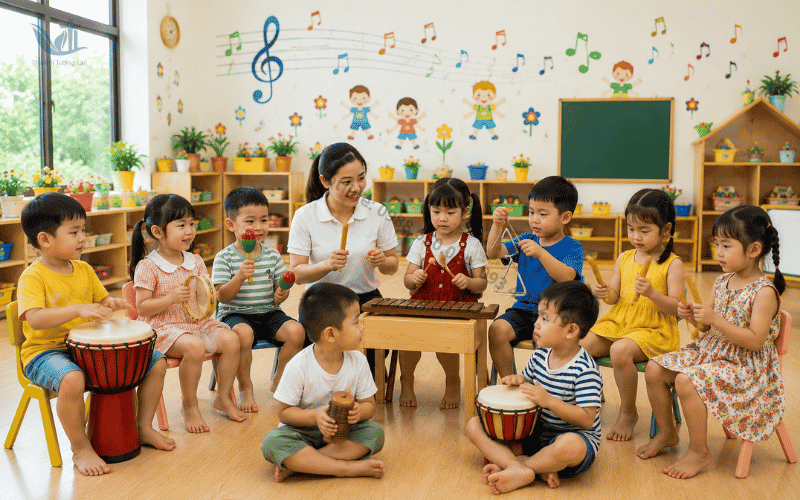 Không gian lớp học mẫu giáo hòa tấu thanh phách cùng các nhạc cụ gõ khác