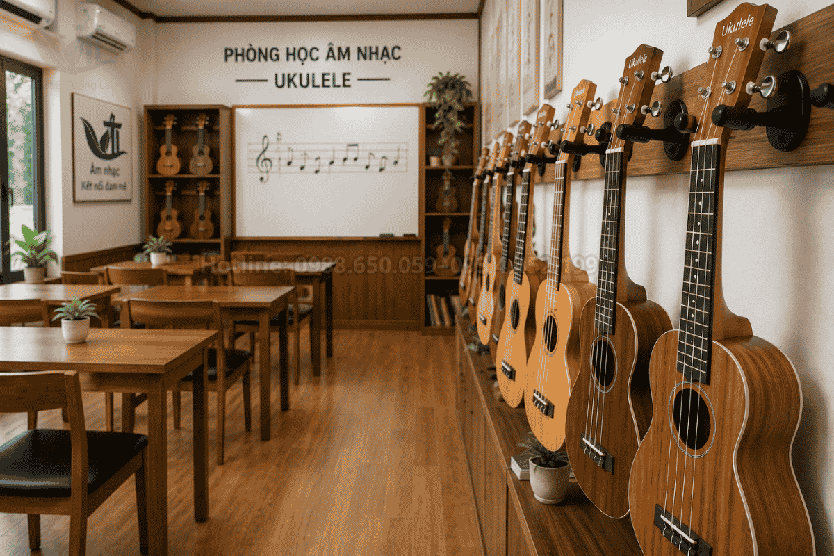 Đàn guitar và ukulele là thiết bị cần có trong phòng học âm nhạc đạt chuẩn