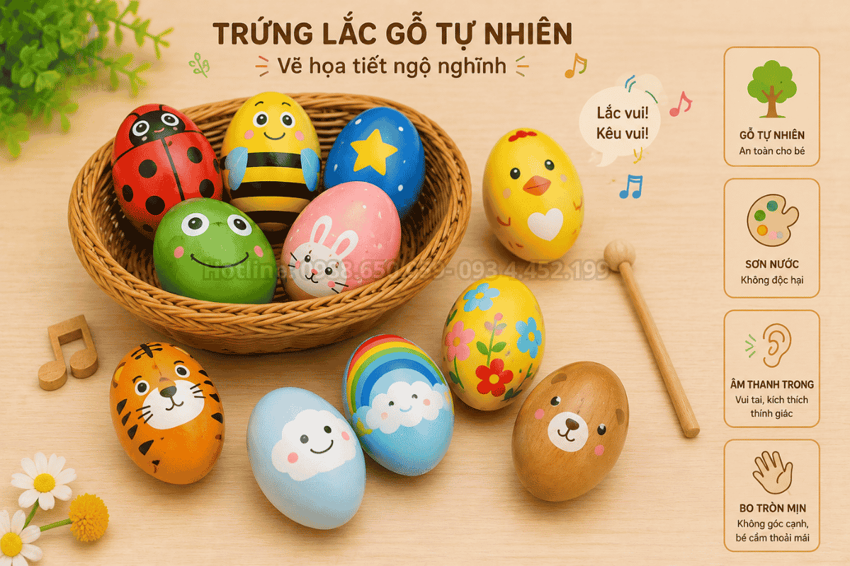 Giáo cụ trứng lắc mầm non bằng gỗ tự nhiên thân thiện với môi trường