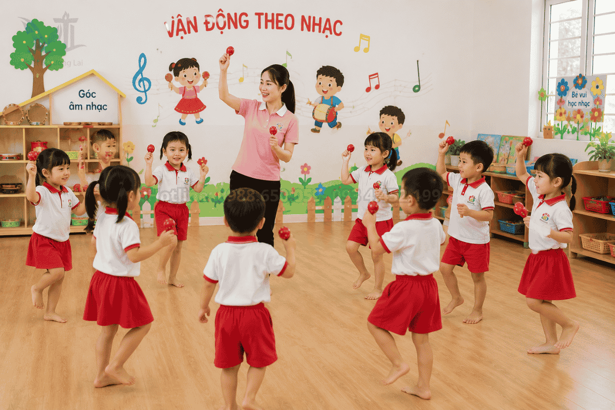 Tiết học âm nhạc vận động cơ thể kết hợp trứng lắc mầm non đầy hào hứng