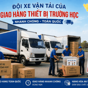 Đội xe vận tải của Minh Khánh giao hàng thiết bị trường học nhanh chóng toàn quốc