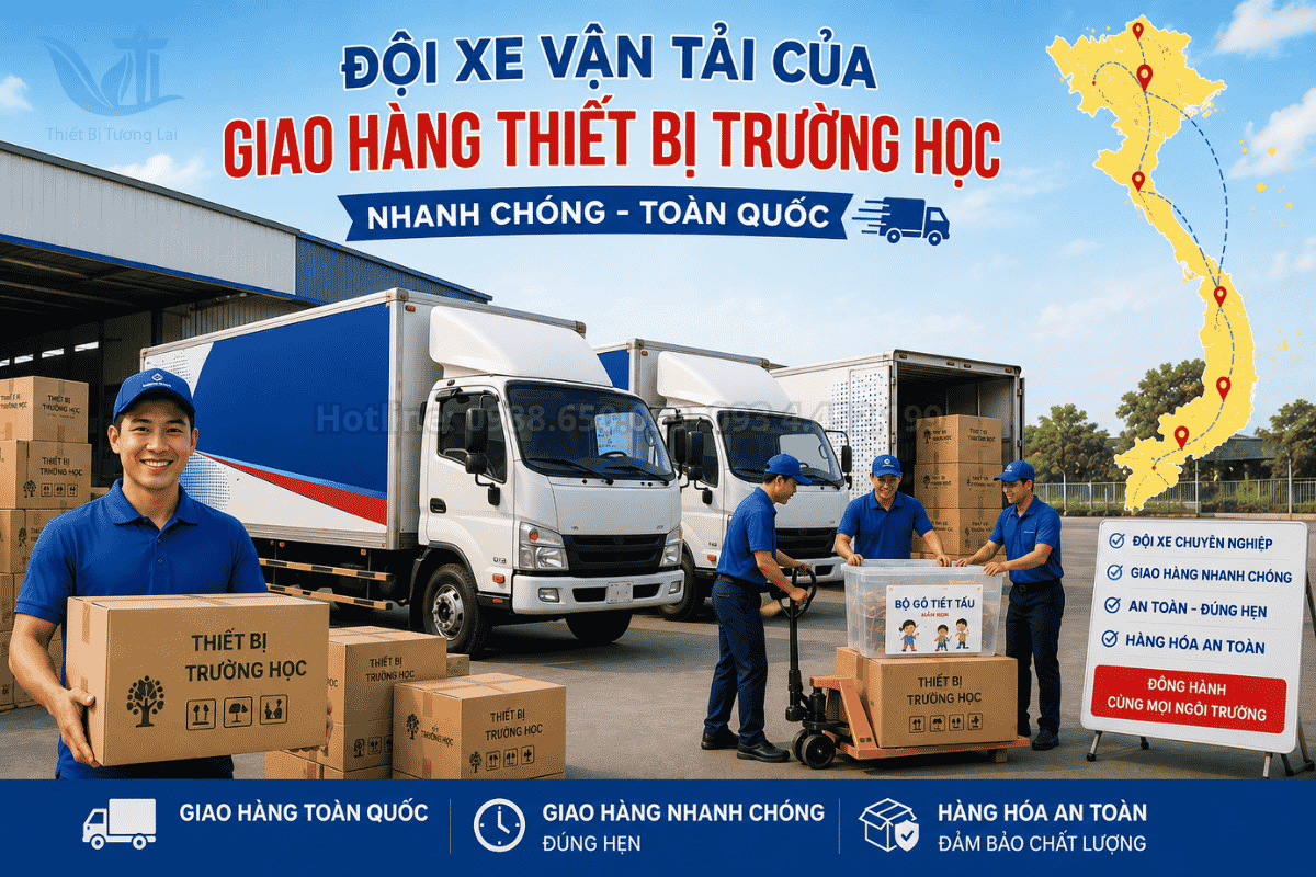 Đội xe vận tải của Minh Khánh giao hàng thiết bị trường học nhanh chóng toàn quốc