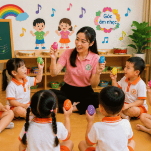 Học sinh mẫu giáo rèn luyện tư duy tiết tấu với sản phẩm trứng lắc mầm non