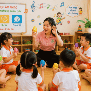 Các bé mầm non tập trung lắng nghe cô giáo bắt nhịp gõ trứng lắc