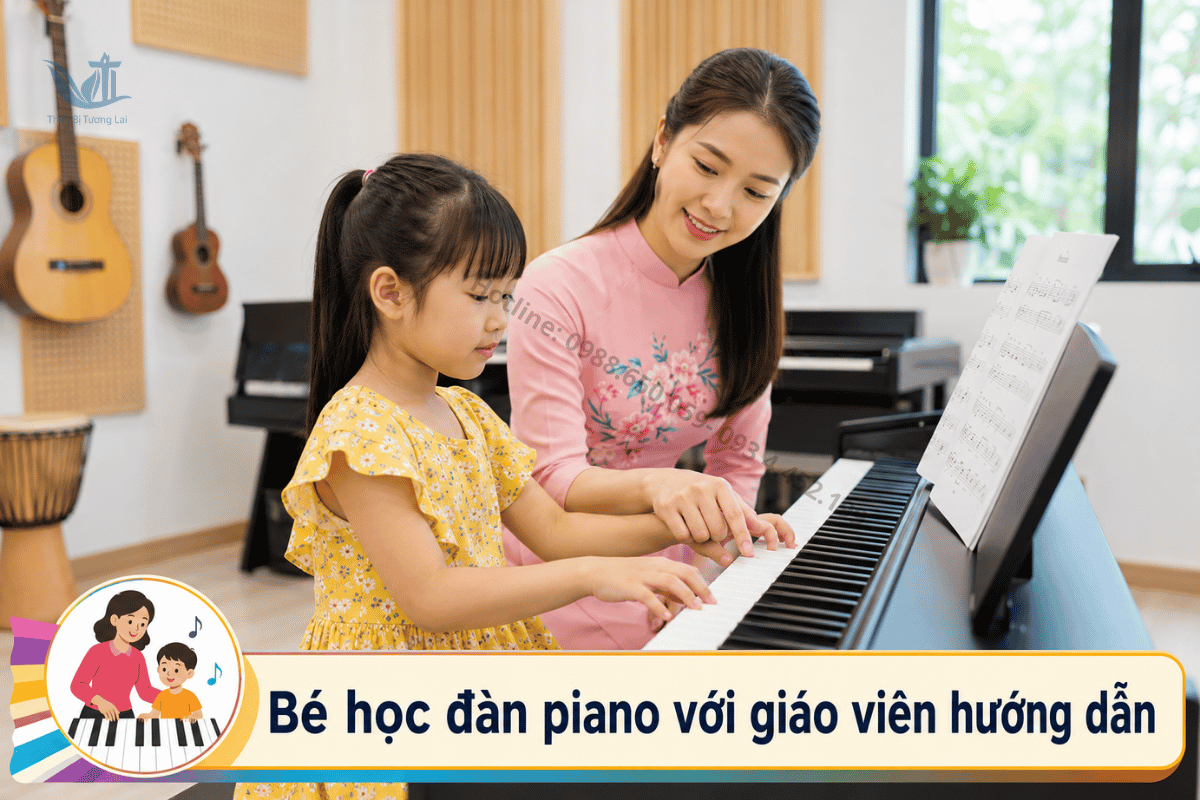 Bé học đàn piano với giáo viên hướng dẫn