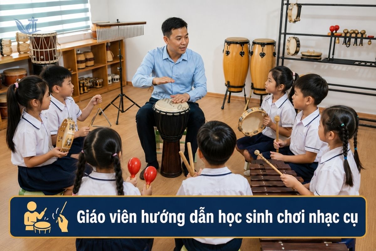Giáo viên hướng dẫn học sinh sử dụng thiết bị âm nhạc đúng cách