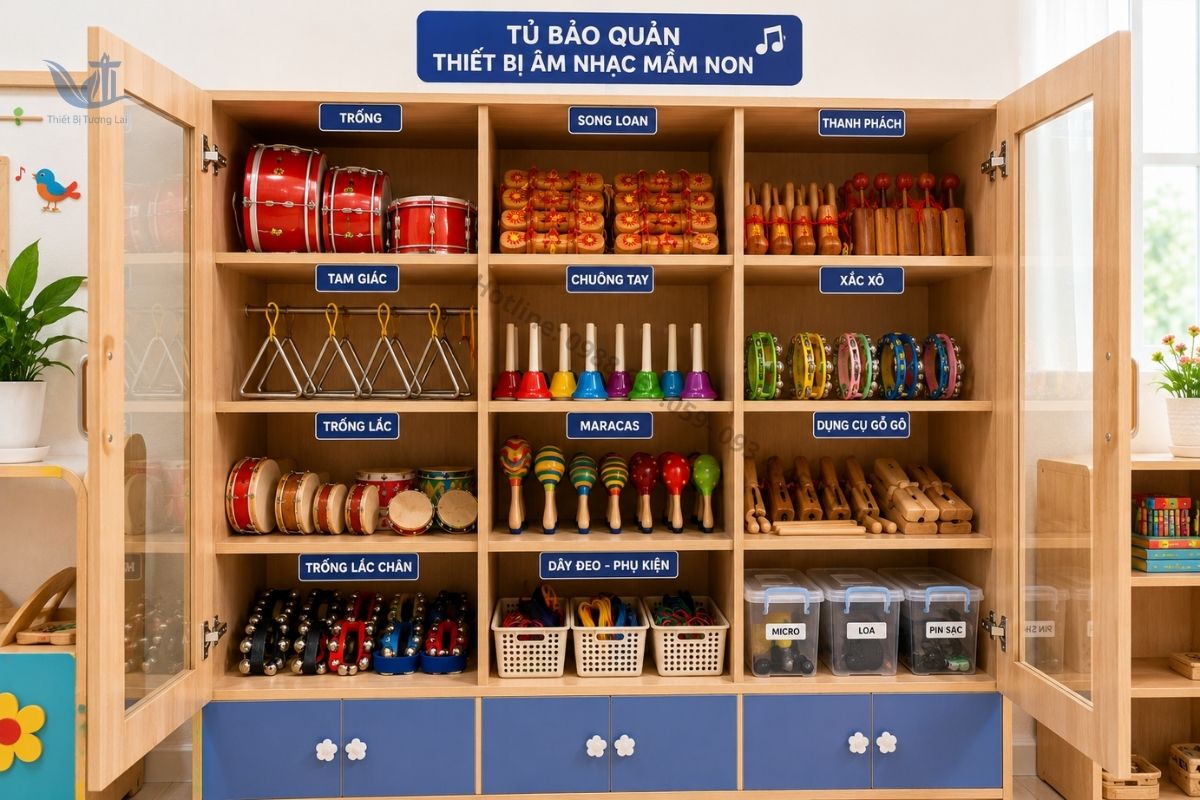 Tủ bảo quản thiết bị âm nhạc mầm non gọn gàng khoa học.