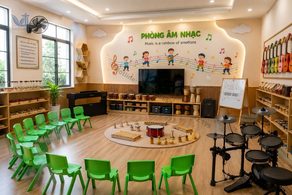 Phòng âm nhạc mầm non hoàn thiện với đầy đủ thiết bị.