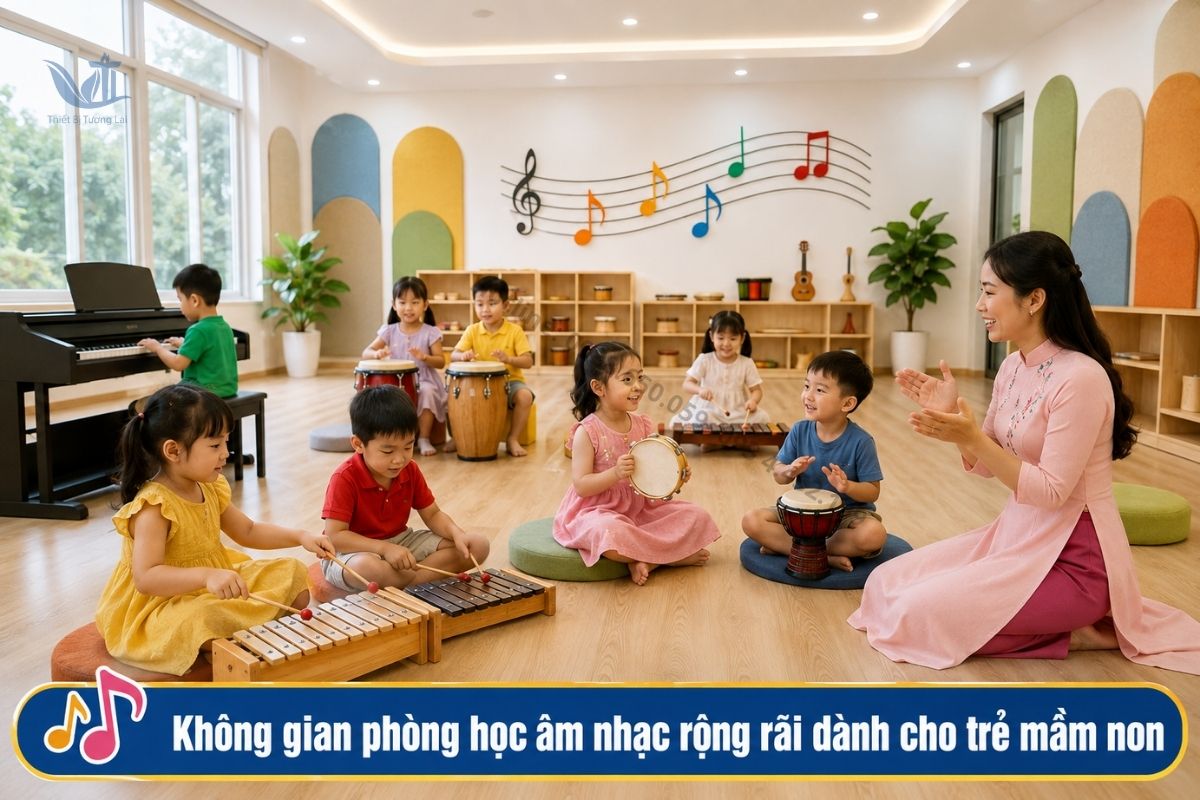 Thiết kế không gian phòng âm nhạc trường mầm non rộng rãi an toàn.