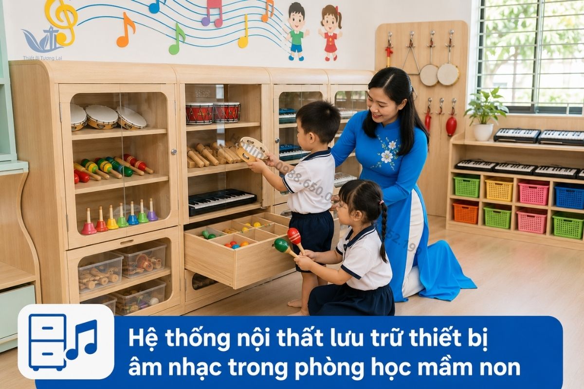 Nội thất phòng âm nhạc trường mầm non bố trí khoa học tiện lợi.